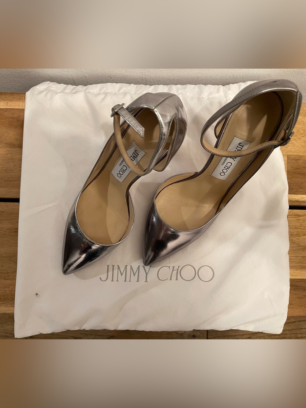 Jimmy Choo Silver Metallic Leather Lucy 100 D'Orsay Ankle Strap Pumps - Size 36.